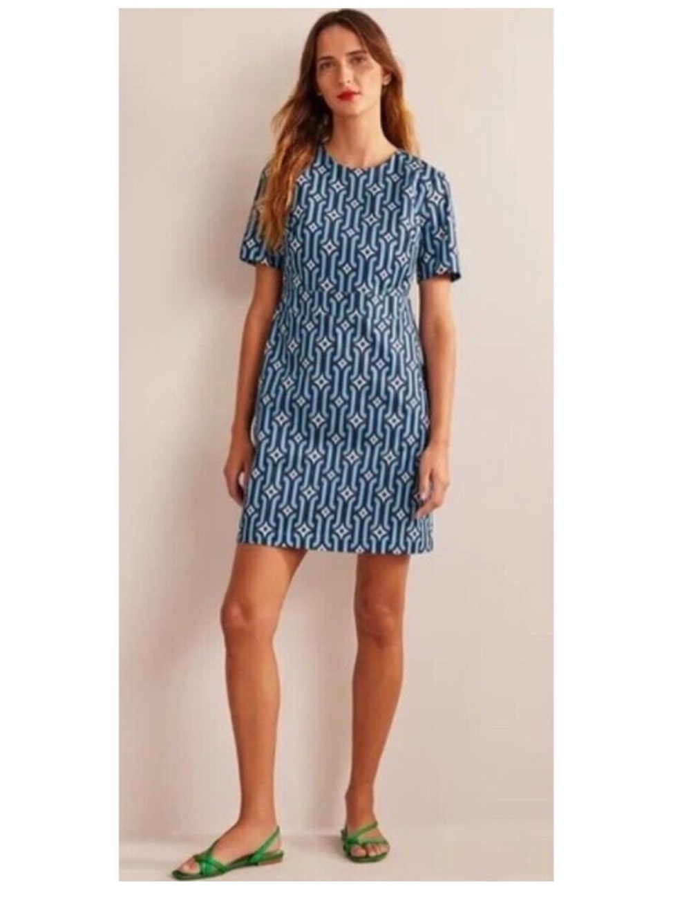 BODEN Cotton Mini Shift Dress
•Women 4R Geometric Green Blue